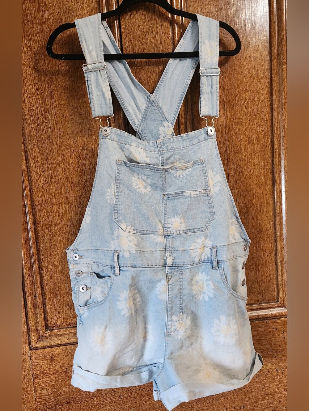No Boundaries Light Wash Daisy Print Denim Short Overalls